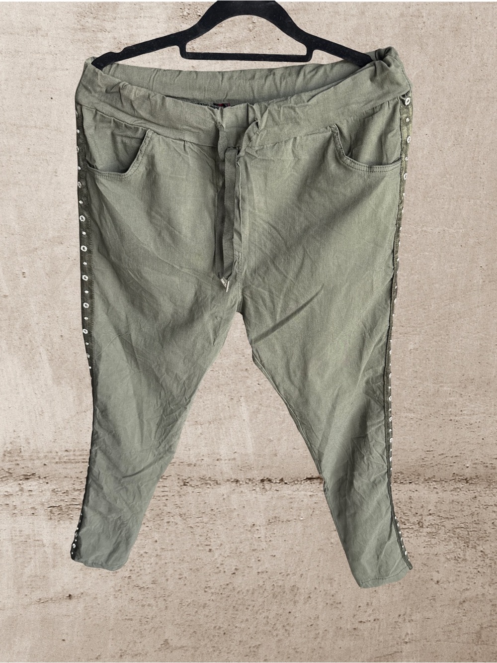 Rodeo Quincy Olive Green Straight-Leg Drawstring Pants with Stud Trim